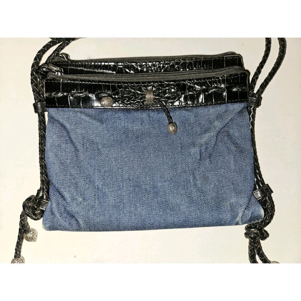 Brighton Denim and Leather Crossbody Bag Purse 8x7 - Picture 3 of 8